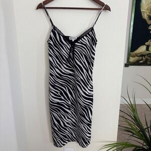 Y2K Etam Black White Zebra Print Slip Dress Lace Trim Spaghetti Strap Midi